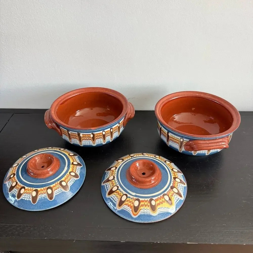 Vintage Bulgarian Redware Clay Pot Lid Traditional Folk Art Pottery Hand Painted